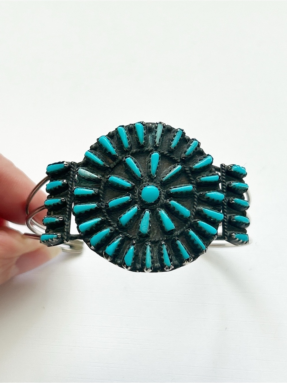 Navajo Signed Begay Turquoise Petit Point Cluster Sterling Silver Cuff Bracelet